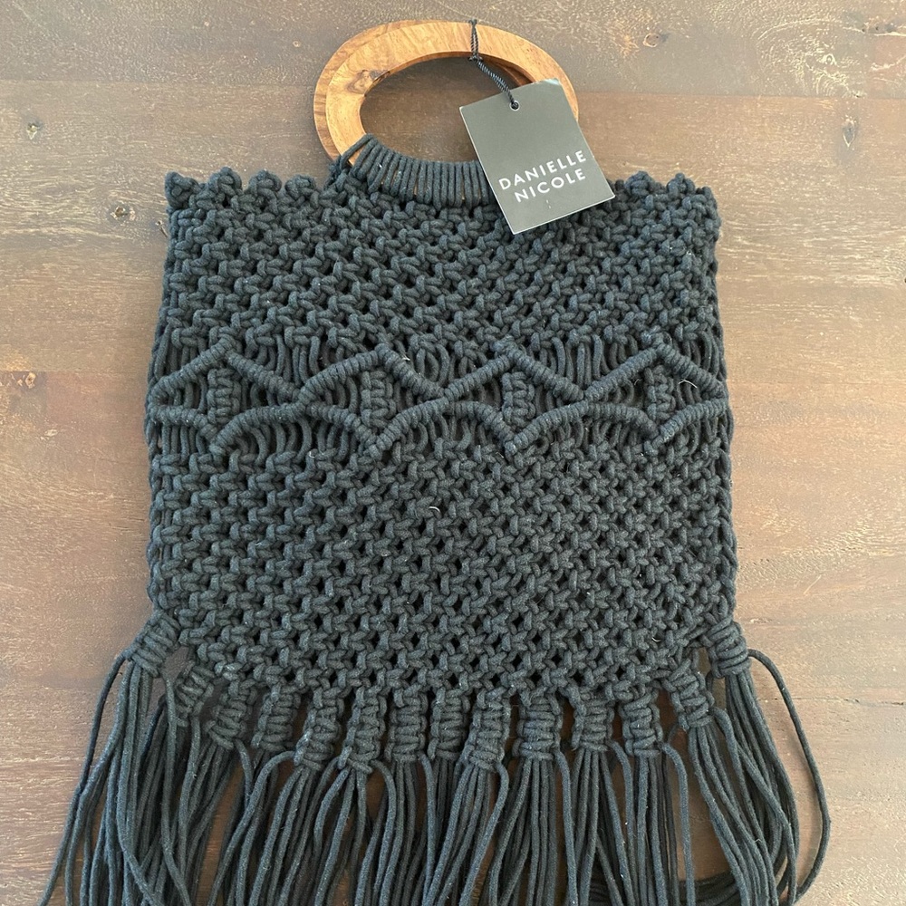 Black crocheted Danielle Nicole wooden handle bag